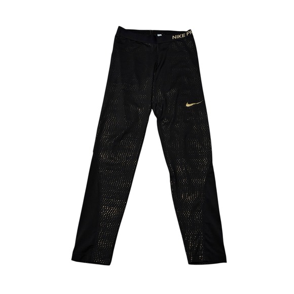 Nike Pro Dri-Fit Women's Black and Gold Leggings Size Medium 25 x 28 - Picture 1 of 4